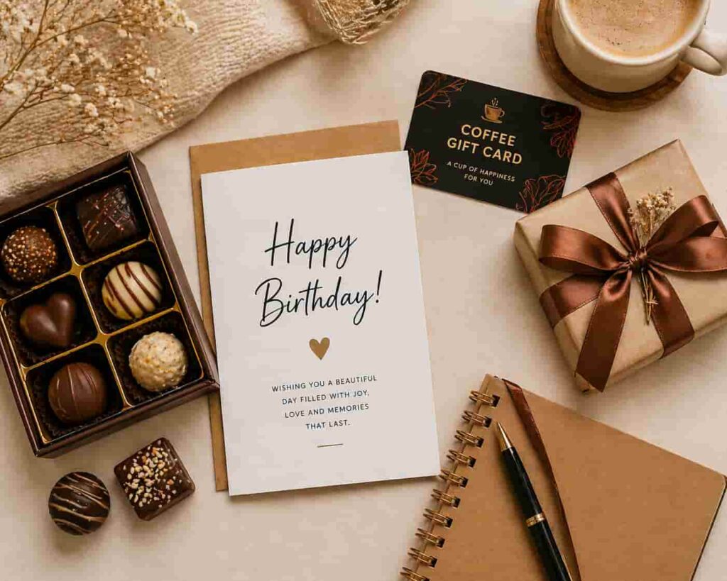 birthday card, chocolates, gift card, and small wrapped gift