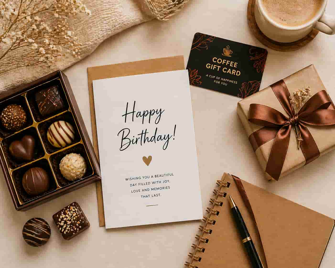 Birthday card chocolates gift card and small wrapped gift