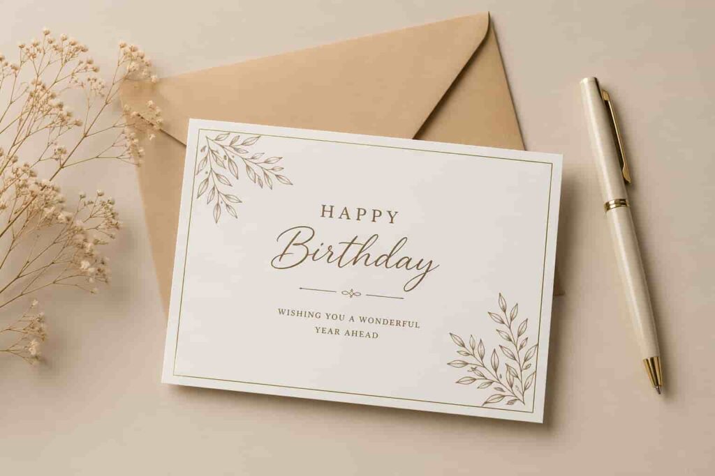 elegant birthday card with neutral design and pen