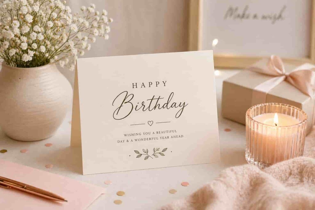 minimalist birthday setup with card and soft decorations