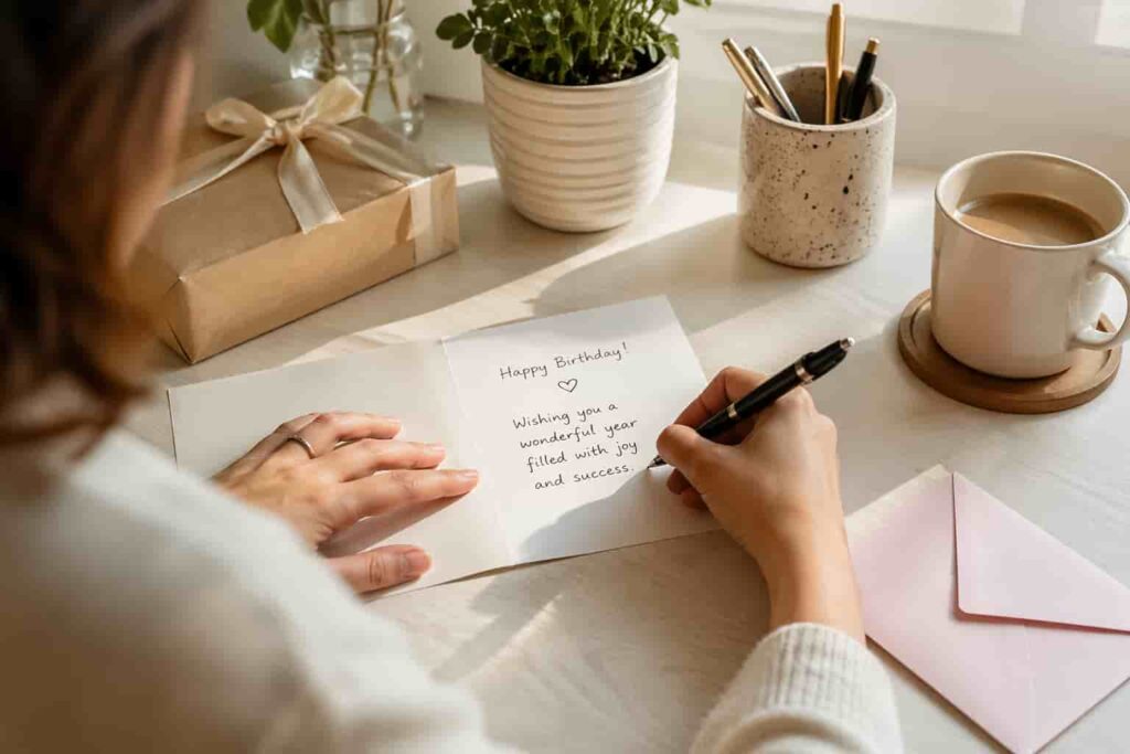 person writing a simple birthday card at a desk