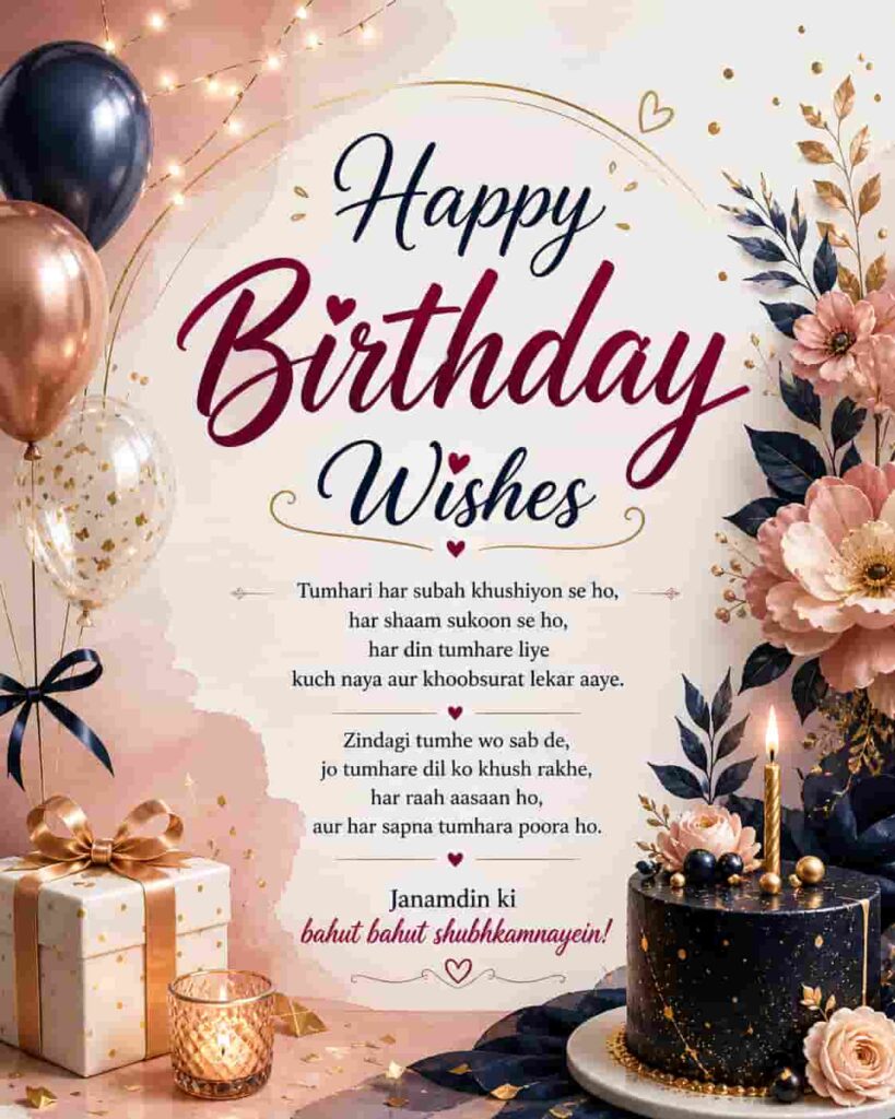 Cute birthday greetings card Roman Hindi with pastel balloons cake and gift boxes
