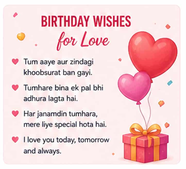 Romantic Hindi birthday wishes text banner with colorful typography and birthday cake art