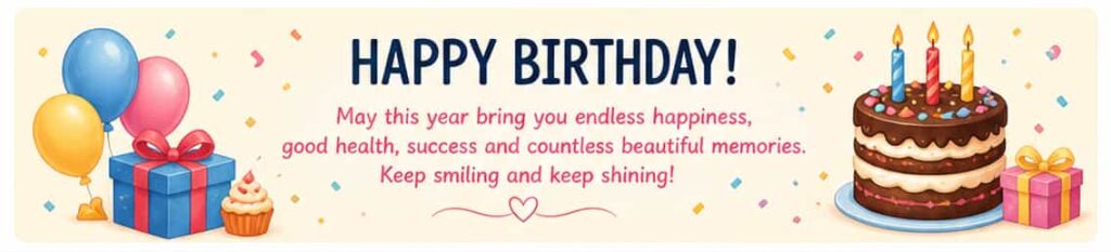 birthday wishes Roman Hindi text graphic with cake balloons and gift theme