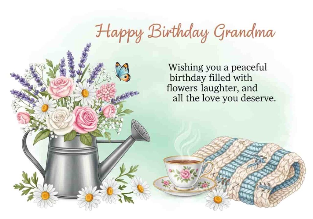 happy birthday grandma card with garden flowers teacup and cozy cottage design