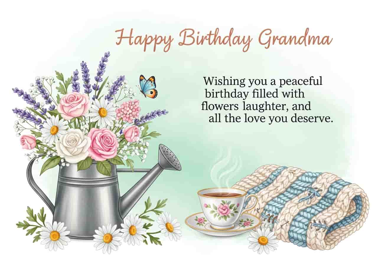 happy birthday grandma card with garden flowers teacup and cozy cottage design