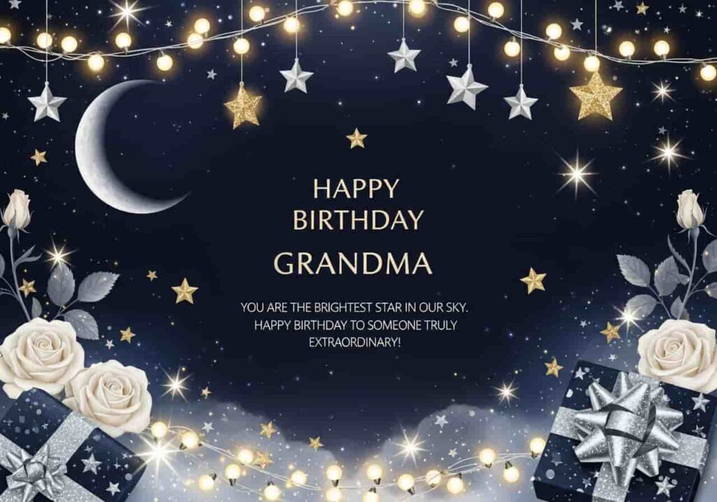 happy birthday grandma card with night sky stars moon and magical sparkles design
