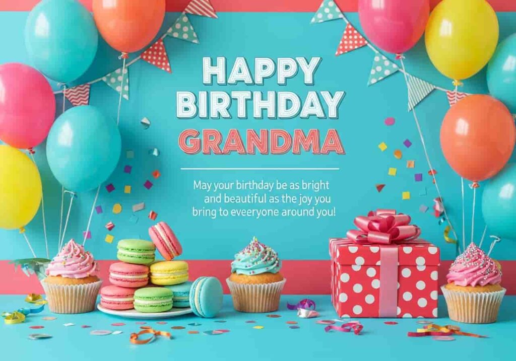 happy birthday grandma greeting card with colorful balloons macarons and party decorations
