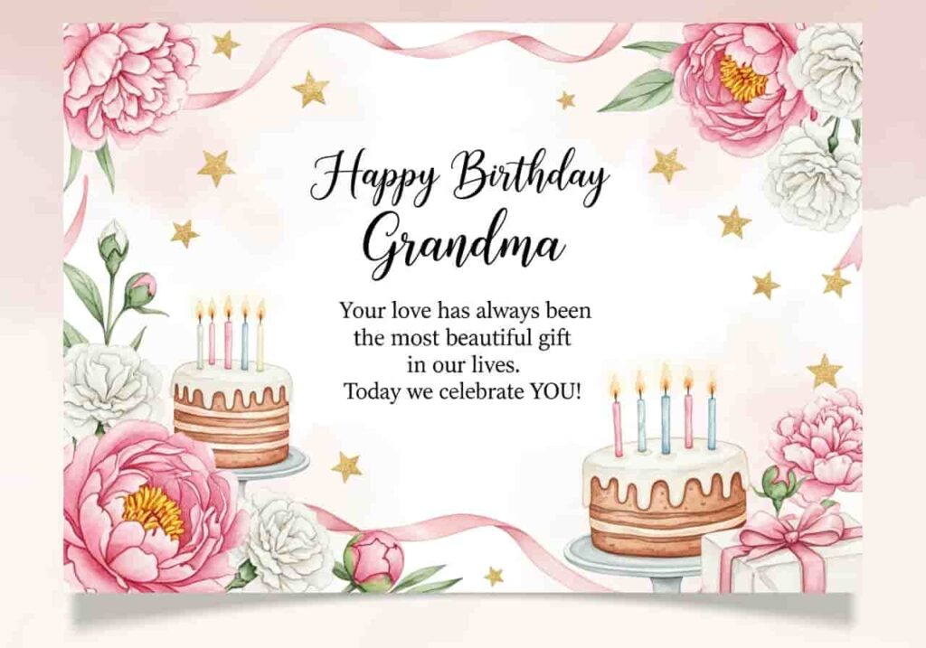 happy birthday grandma watercolor card with pink peonies birthday cake and candles