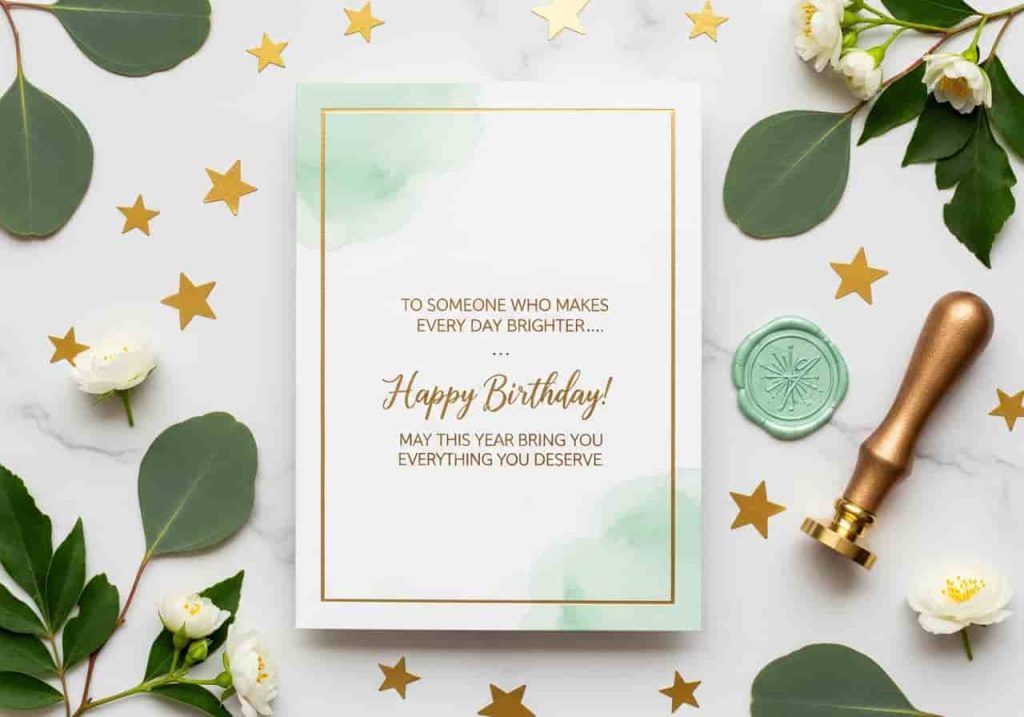 birthday card messages on mint green gold marble stationery flat lay