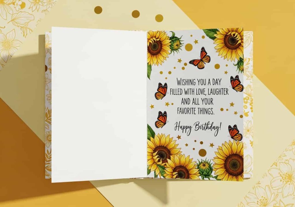 birthday card writing ideas with sunflowers yellow gold design and wishes