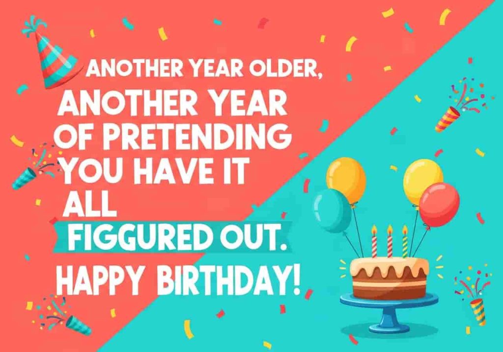 funny two line birthday wishes coral turquoise cake balloons party card