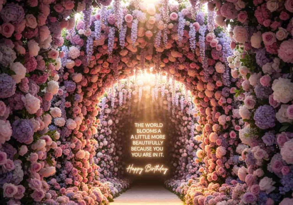two line birthday wishes floral tunnel arch peonies roses editorial