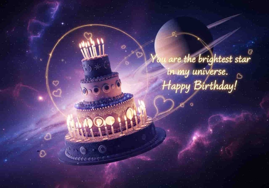short and simple two line birthday wishes galaxy space cosmic birthday cake stars