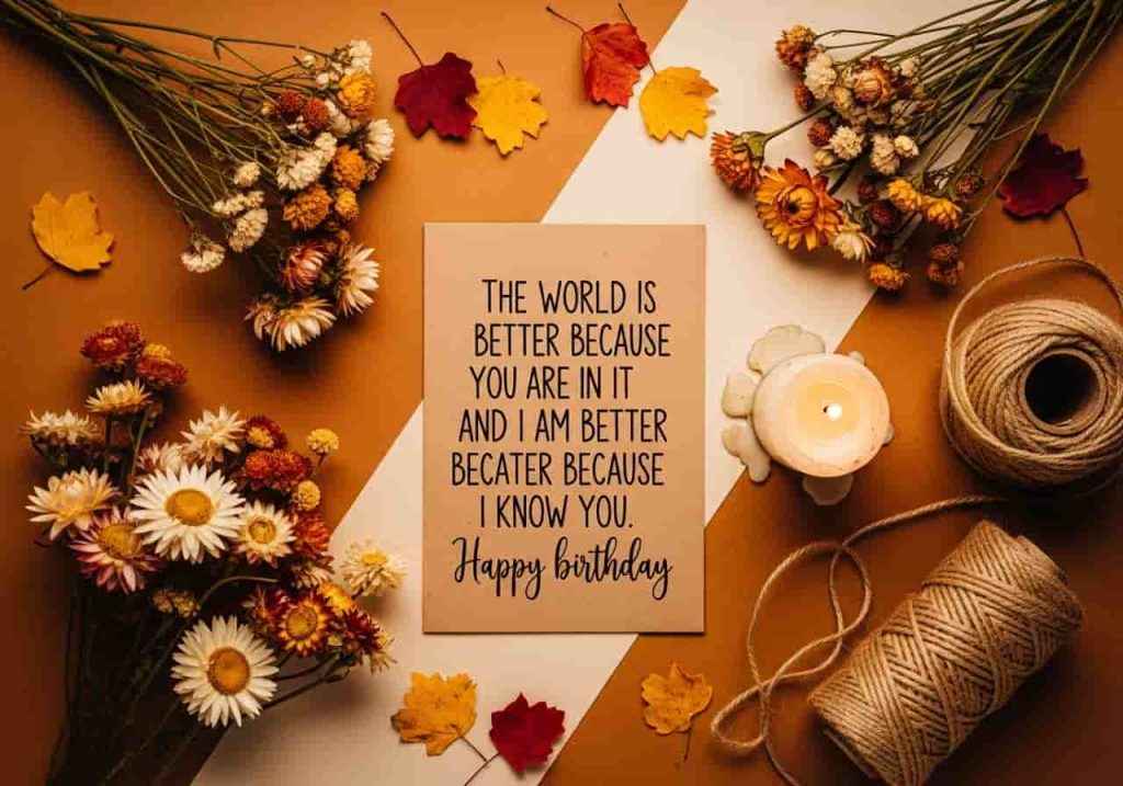 two line birthday wishes rustic amber dried flowers cozy kraft card