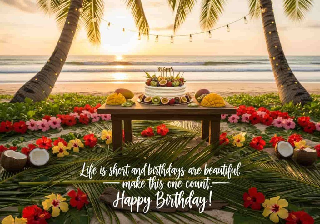 two line birthday wishes tropical beach golden hour palm trees flowers