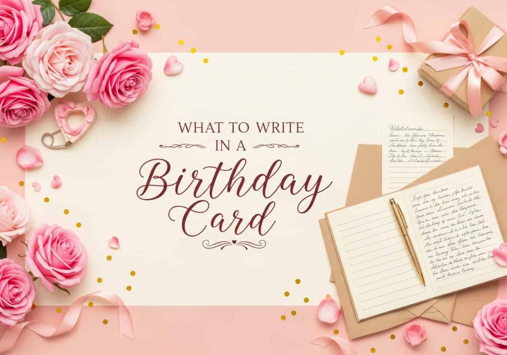what to write in a birthday card ideas with open notebook pen and pink roses