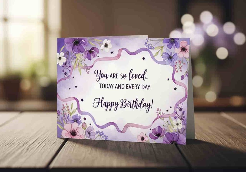 what to write in a birthday card purple lavender design with wishes and stars