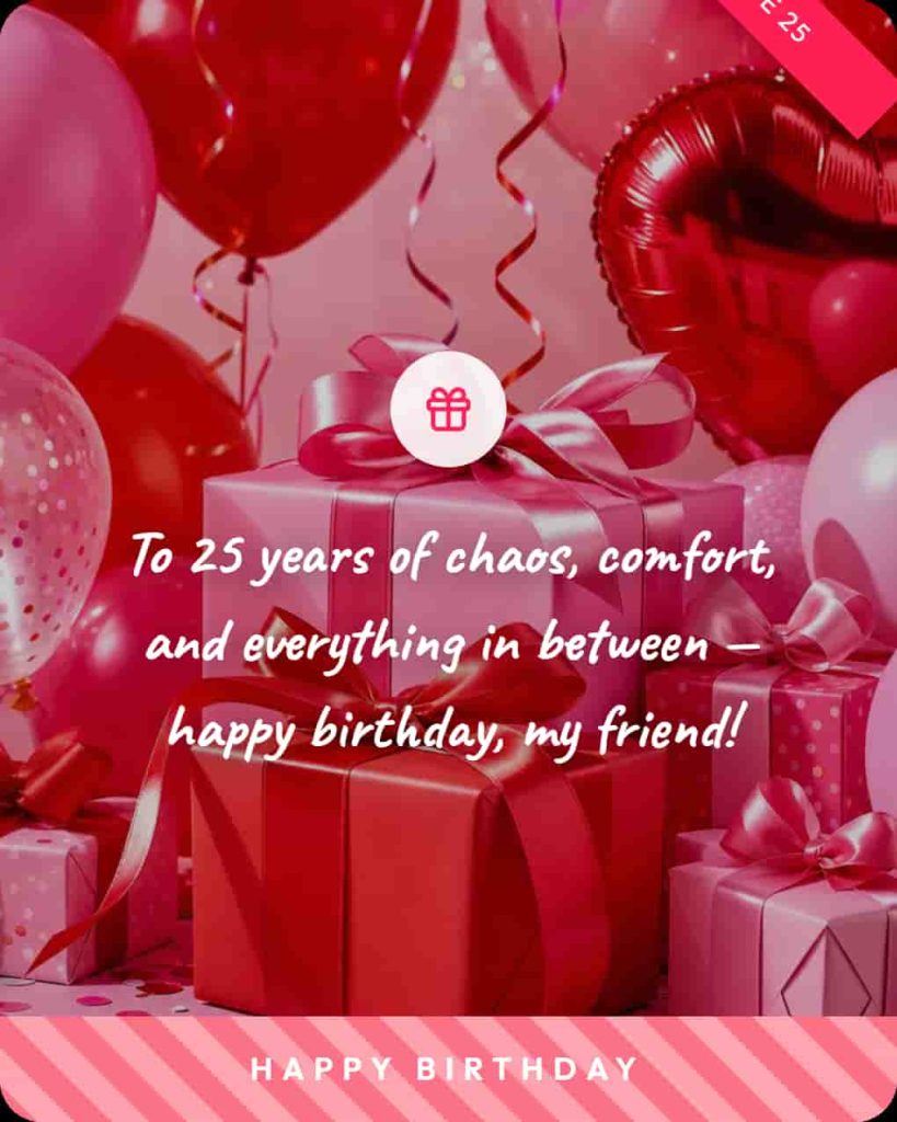 Happy 25th birthday wishes for friend with balloons gifts