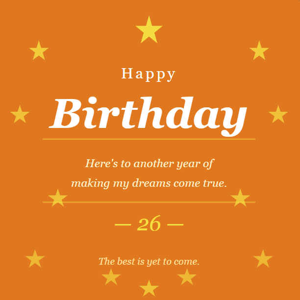 Happy 26th birthday wishes card with flowers and balloons