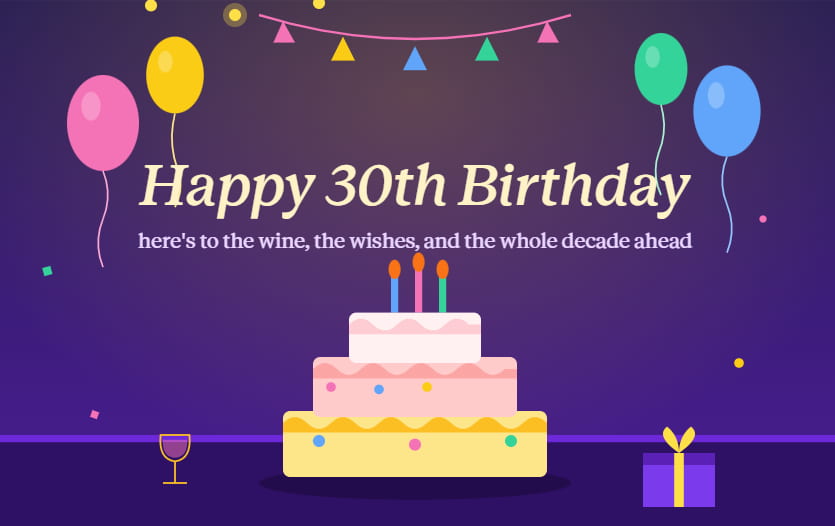 Happy 30th birthday greeting card with gifts and cake