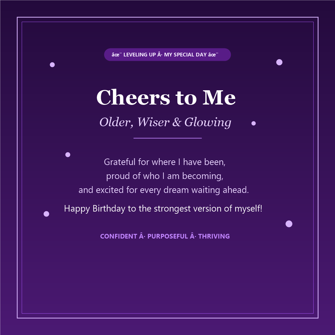 Royal purple and lavender Happy Birthday to Me card - Older wiser and glowing into my new chapter