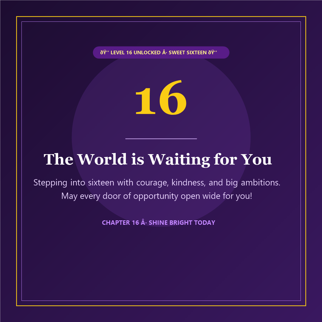 Royal purple and gold Happy 16th Birthday card - Sweet 16 the world is waiting for you
