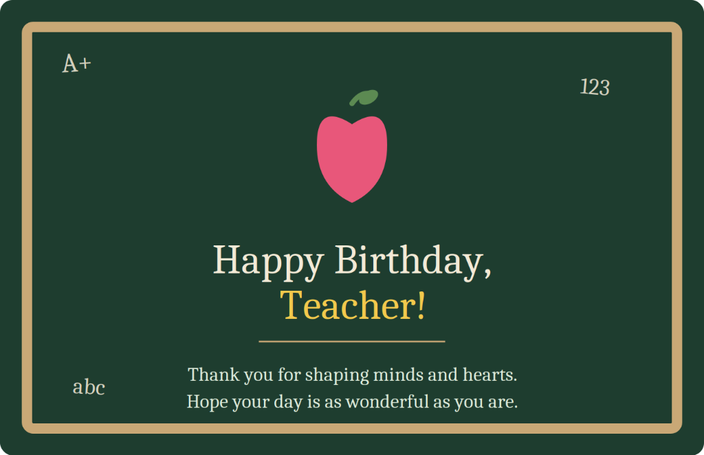 Dark green chalkboard and pink apple Happy Birthday Teacher card - Thank you for shaping minds and hearts