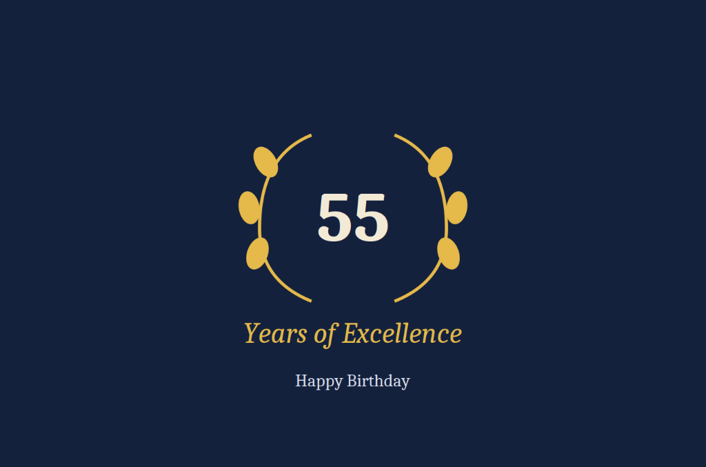 55 Years of Excellence milestone 55th birthday card with golden laurel wreath and navy background