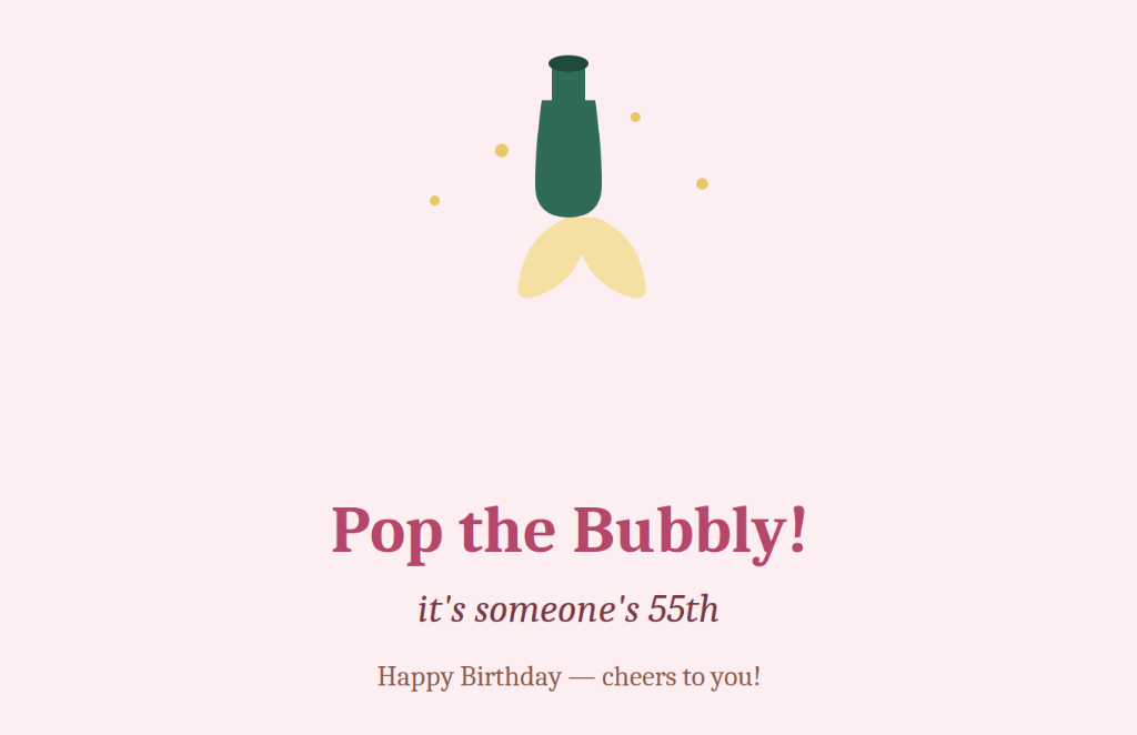 Pop the bubbly cheers 55th birthday card with popping champagne bottle and celebration dots