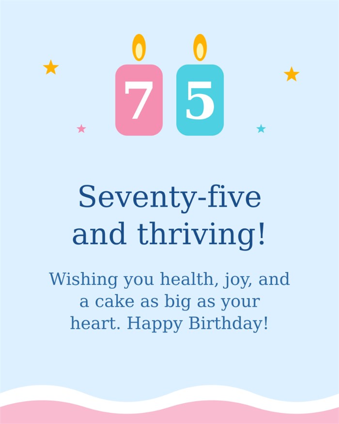 Seventy-five and thriving! Wishing you health, joy, and a cake as big as your heart - 75th Birthday Card