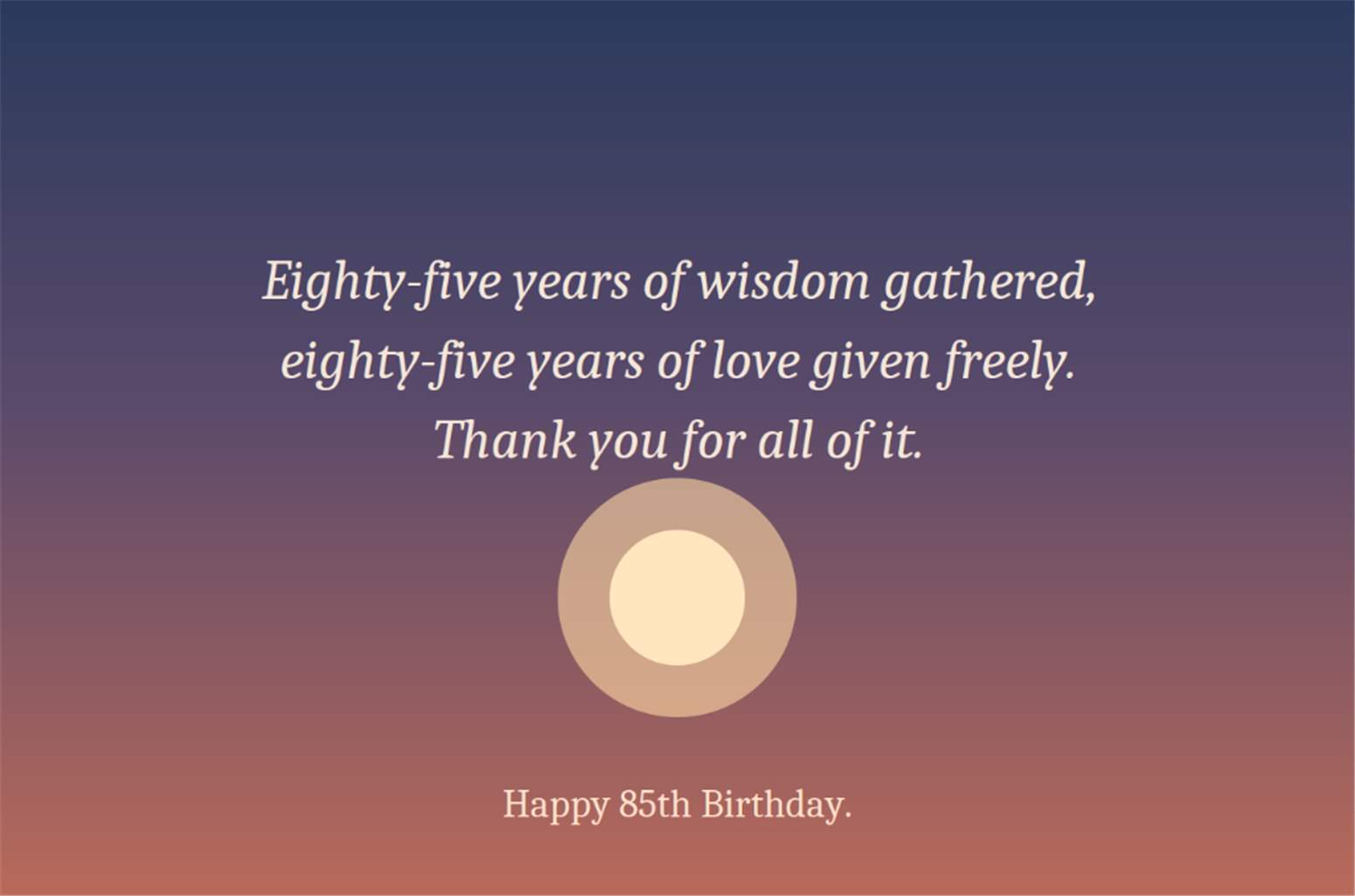 Eighty-five years of wisdom gathered eighty-five years of love given freely Thank you for all of it Happy 85th Birthday Card