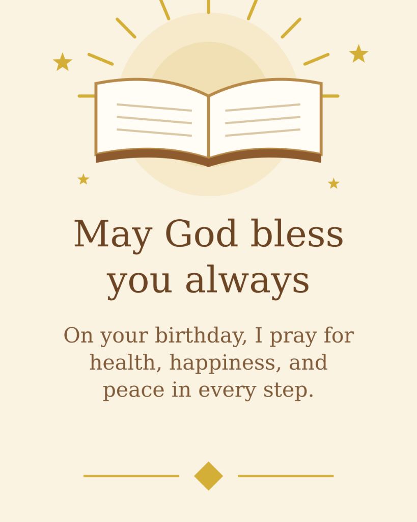 May God bless you always birthday prayer card with holy scripture book sunburst and golden diamond