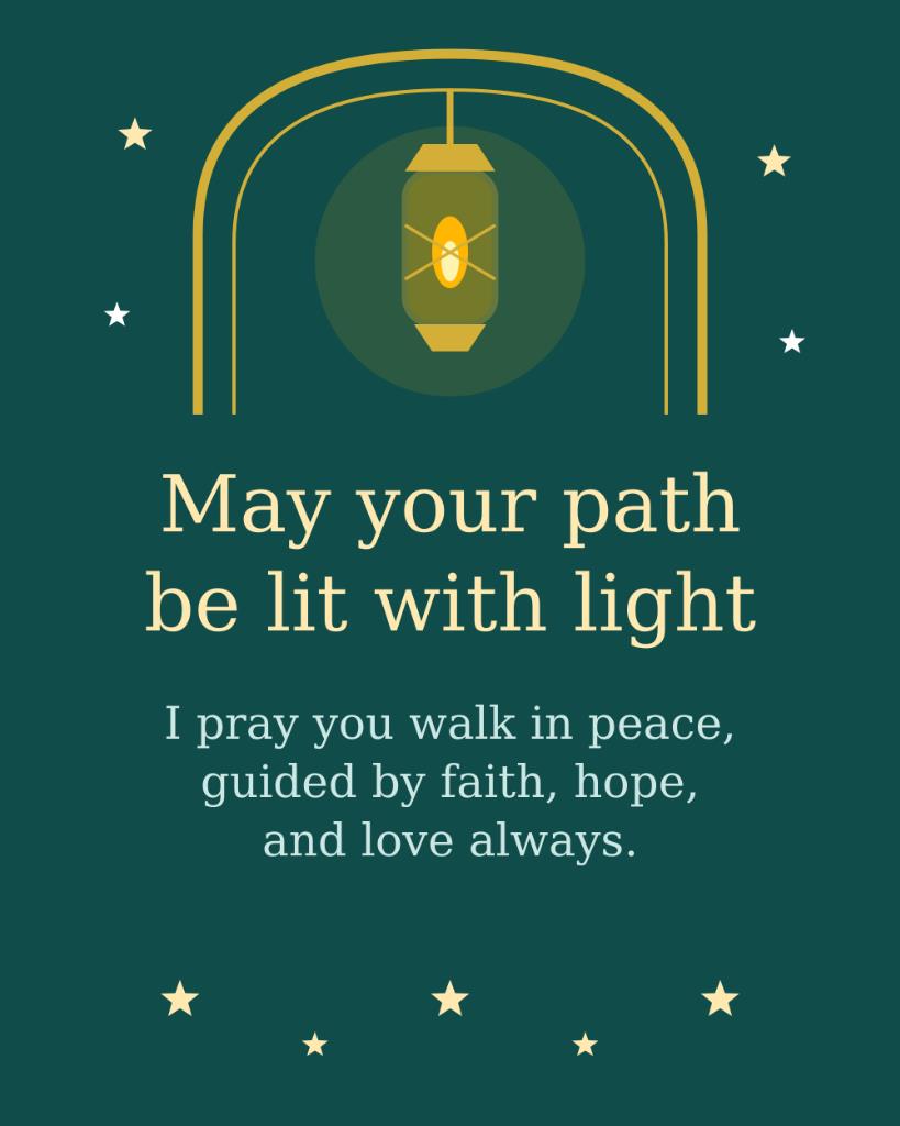 May your path be lit with light emerald green birthday prayer card with glowing lantern and starry arch