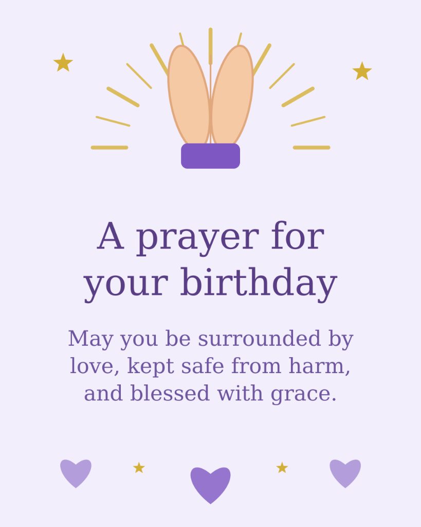 A prayer for your birthday card with glowing rays hearts and blessings to be kept safe and loved