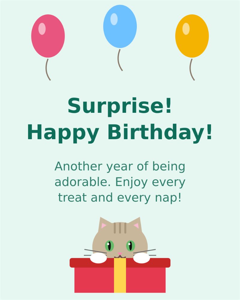 Surprise Happy Birthday Another year of being adorable enjoy every treat and nap - Cat Birthday Card