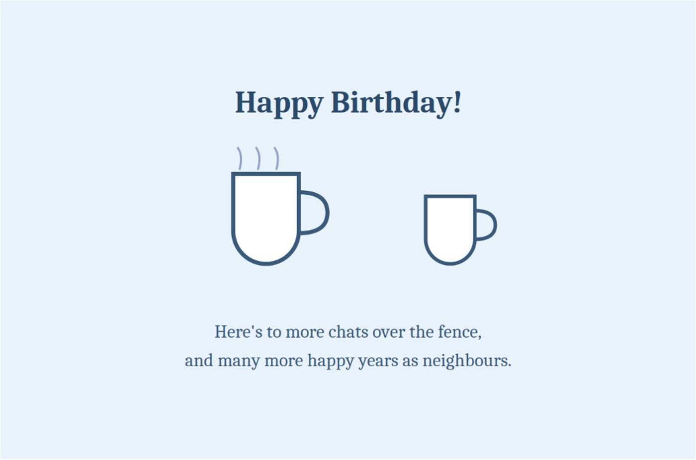 Happy Birthday here is to more chats over the fence and many more happy years as neighbours coffee mugs card