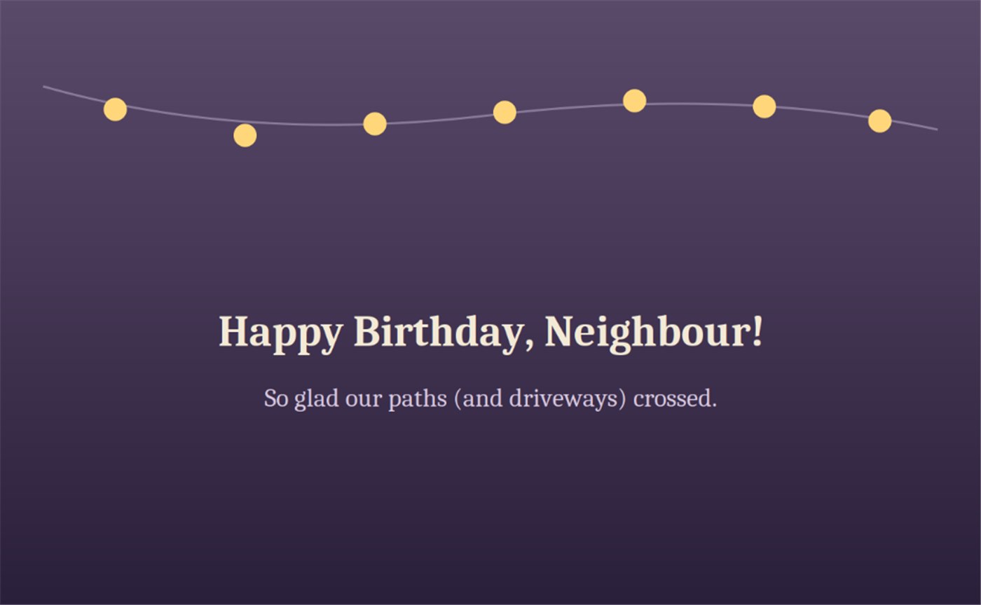 Happy Birthday Neighbour so glad our paths and driveways crossed string lights card