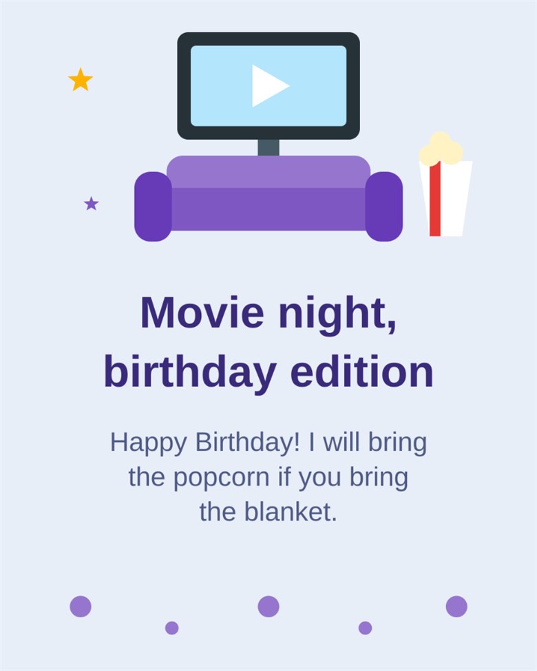 Movie night birthday edition happy birthday I will bring the popcorn if you bring the blanket TV sofa card