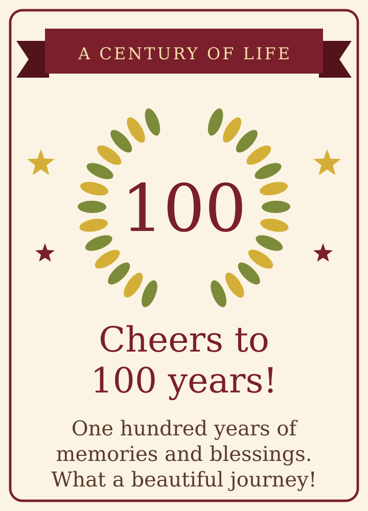 Vintage cream and burgundy laurel wreath Happy 100th Birthday card - A century of life, cheers to 100 years