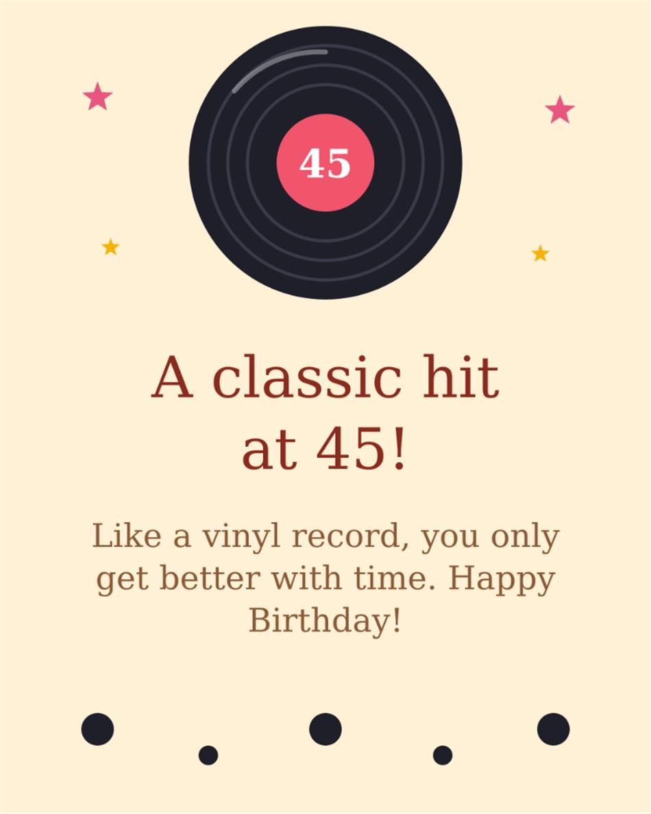 A classic hit at 45 like a vinyl record you only get better with time - Happy 45th Birthday Card