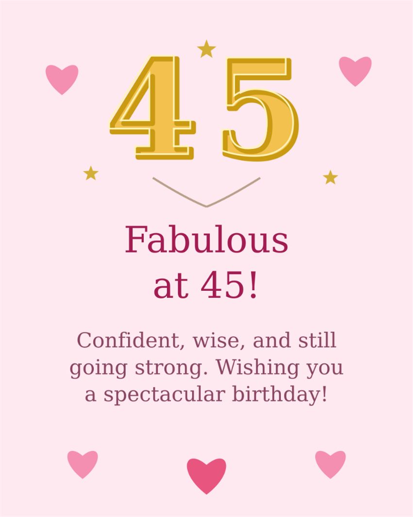 Fabulous at 45 confident wise and still going strong - Happy 45th Birthday Card