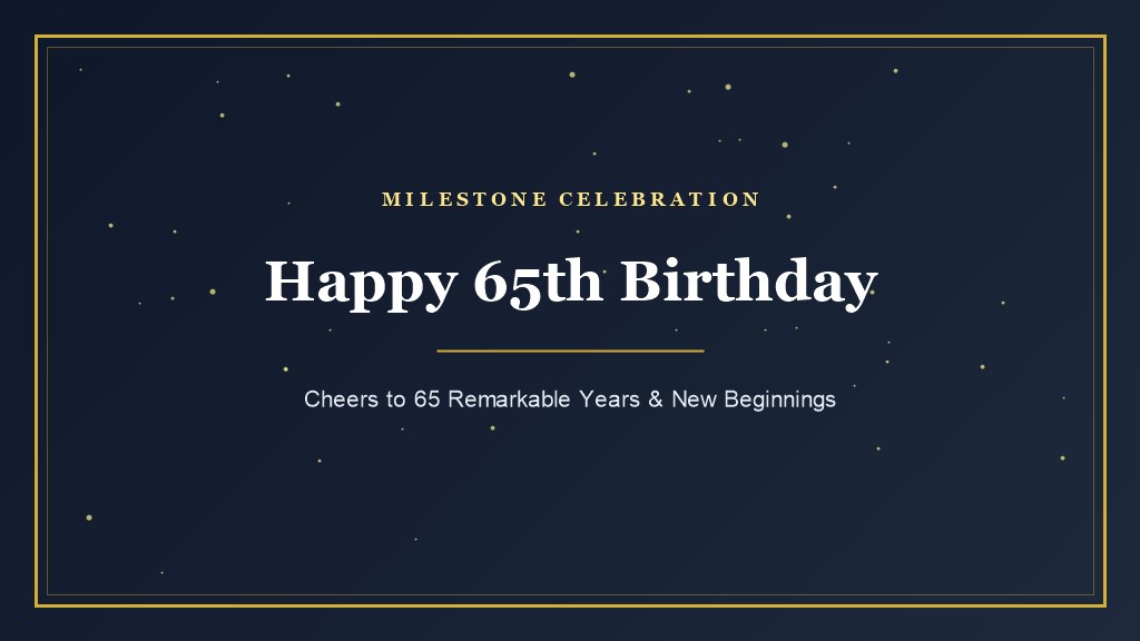 Elegant 65th birthday milestone celebration greeting with gold stars and royal navy background