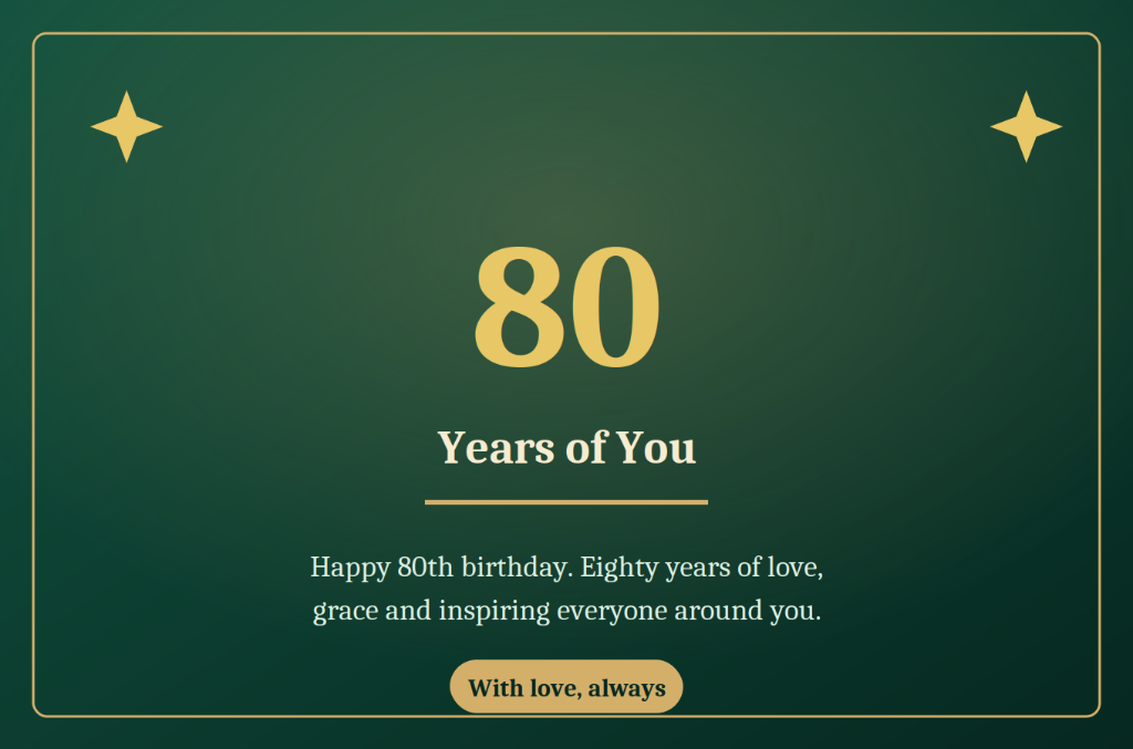 Forest emerald green and gold Happy 80th Birthday card - 80 years of you, eighty years of love, grace and inspiration