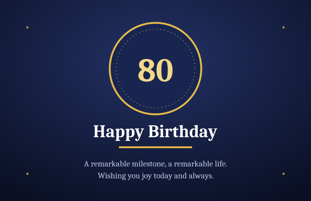 Midnight navy blue and gold concentric emblem Happy 80th Birthday card - A remarkable milestone, a remarkable life