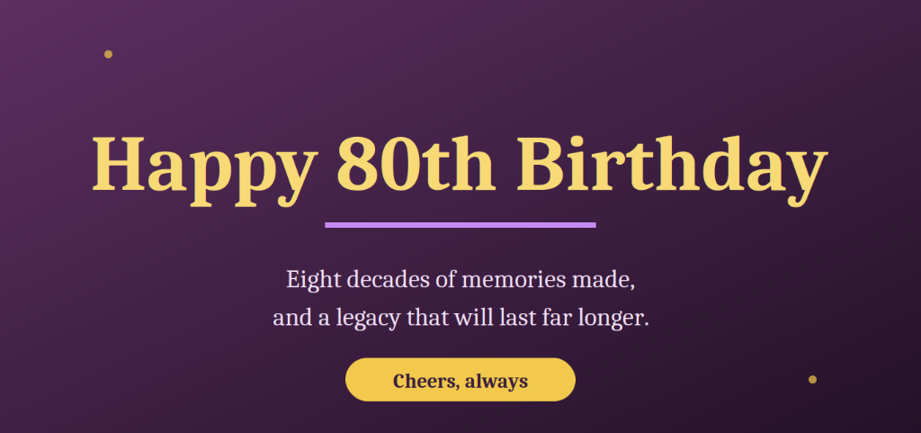 Royal plum purple and golden yellow Happy 80th Birthday card - Eight decades of memories made and an enduring legacy