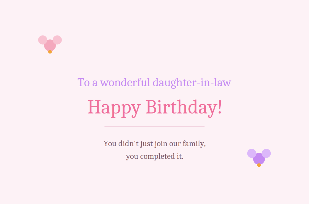 Sweet pink birthday card for daughter-in-law expressing love and completing the family