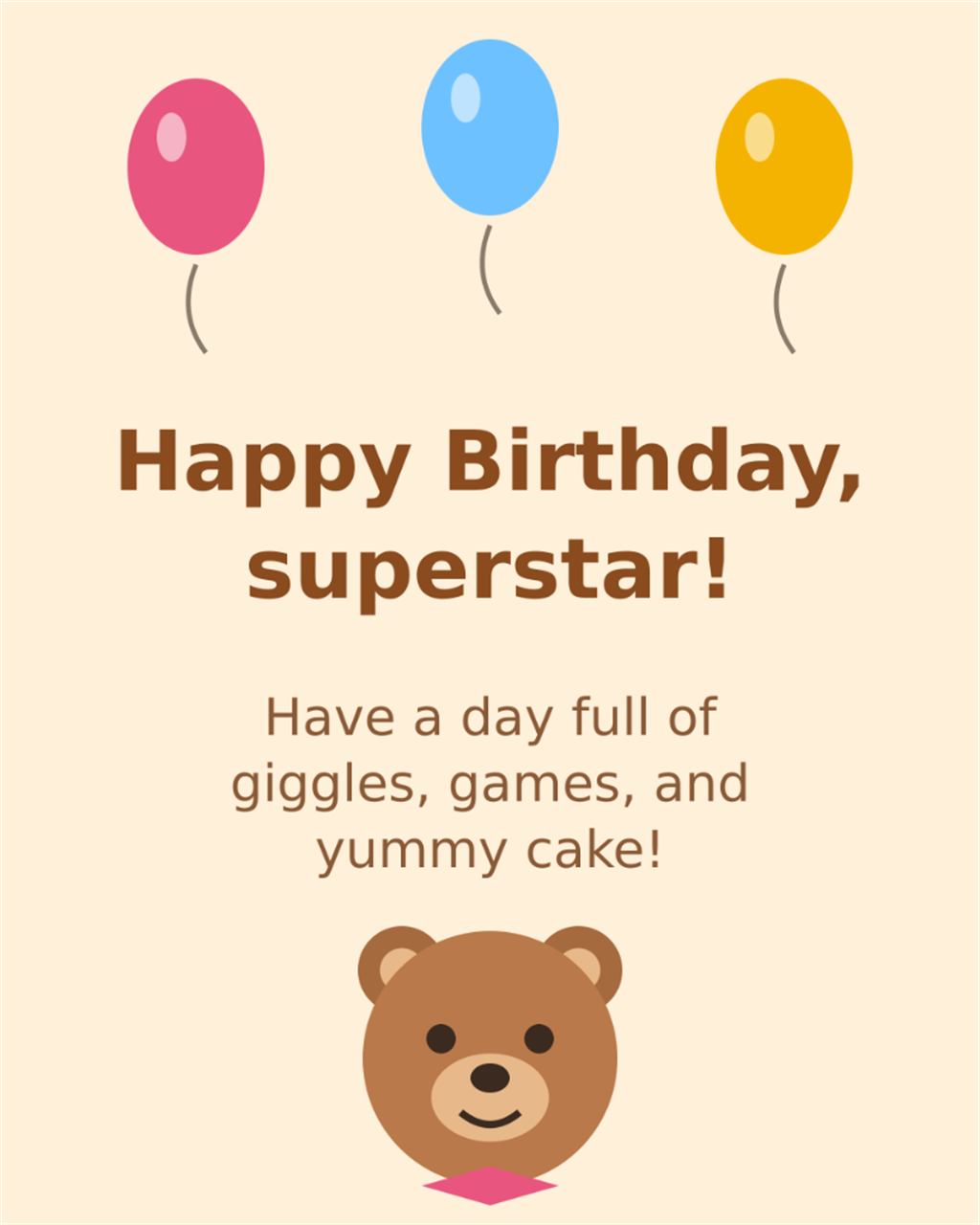 Cute teddy bear and balloons kids birthday card - Happy Birthday superstar giggles games and cake
