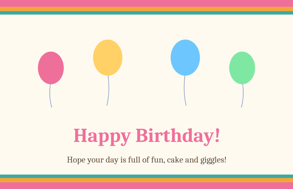Cute kids birthday card with colorful balloons wishing a day full of fun, cake and giggles