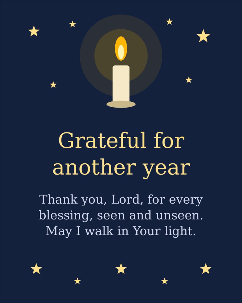 Glowing candle and night stars Happy Birthday spiritual card - Grateful for another year